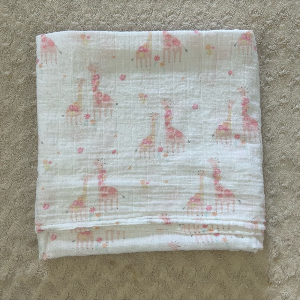 Angel Dear Giraffes Baby Swaddle Blanket Pink White Flowers Cotton Bamboo Blend